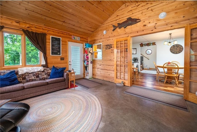 1674 W White Ash Dr, Balsam Lake, WI 54810 - living room featuring vaulted ceiling, wooden walls, a chandelier, and wood ceiling