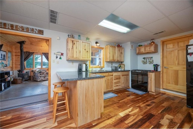 1674 W White Ash Dr, Balsam Lake, WI 54810 - kitchen featuring a wood stove, black range with gas cooktop, wood finished floors, light brown cabinetry, and a paneled ceiling