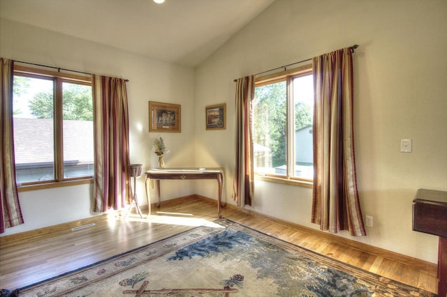 W1387 W Post Rd, Genoa City, WI 53128 - office area featuring wood finished floors, healthy amount of natural light, and vaulted ceiling
