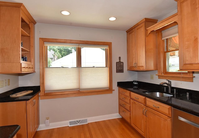 2744 N Lefeber Ave, Wauwatosa, WI 53210 - kitchen with dishwasher, light wood-type flooring, brown cabinets, recessed lighting, and open shelves