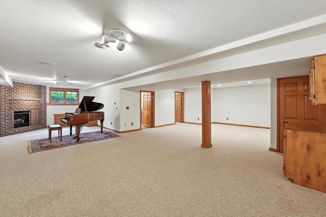 520 Bayberry Ln, Slinger, WI 53086 - basement featuring light carpet, a fireplace, and a textured ceiling