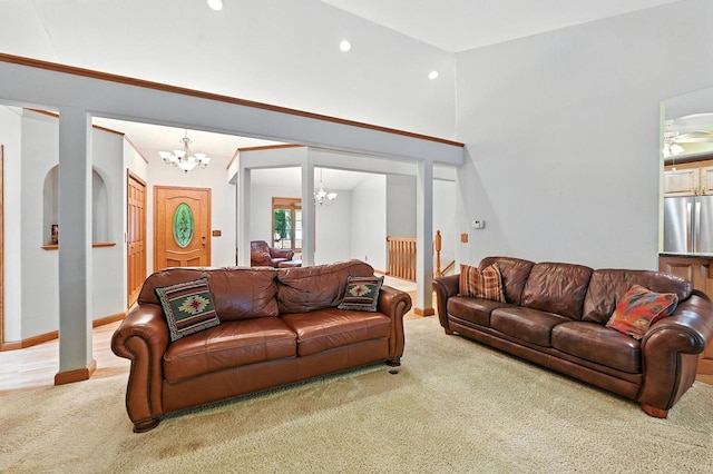 520 Bayberry Ln, Slinger, WI 53086 - living area featuring a chandelier, carpet, and recessed lighting