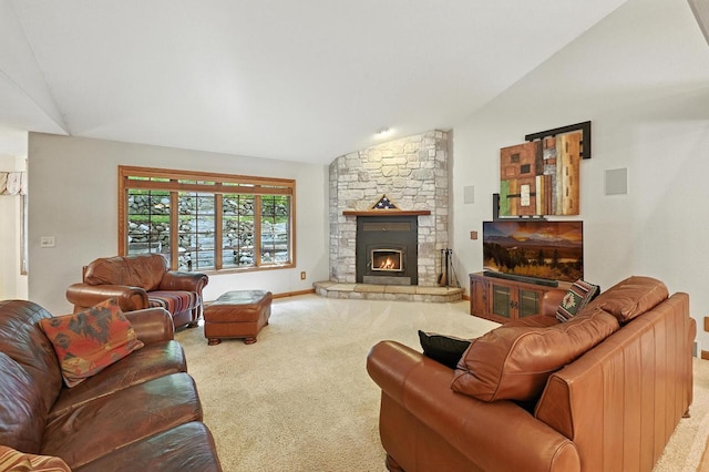 520 Bayberry Ln, Slinger, WI 53086 - carpeted living room featuring vaulted ceiling and a fireplace