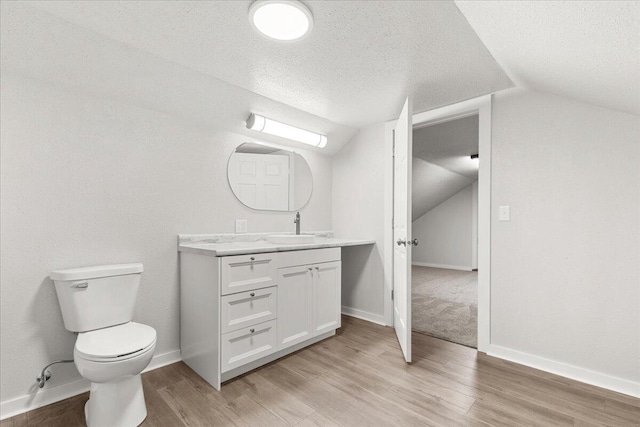 5306 Hillcrest Dr, Allenton, WI 53002 - bathroom with vaulted ceiling, vanity, wood finished floors, and a textured ceiling