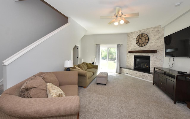 11811 213th Ave, Bristol, WI 53104 - living area with ceiling fan, light colored carpet, a fireplace, and stairway