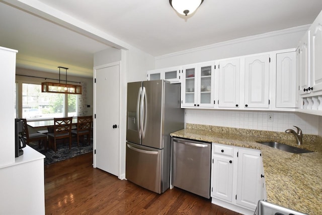 11811 213th Ave, Bristol, WI 53104 - kitchen with appliances with stainless steel finishes, dark wood finished floors, white cabinetry, and glass insert cabinets