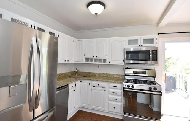 11811 213th Ave, Bristol, WI 53104 - kitchen with stainless steel appliances, white cabinetry, light stone countertops, tasteful backsplash, and ornamental molding