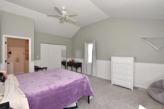11811 213th Ave, Bristol, WI 53104 - carpeted bedroom with lofted ceiling, a closet, wainscoting, ceiling fan, and ensuite bath