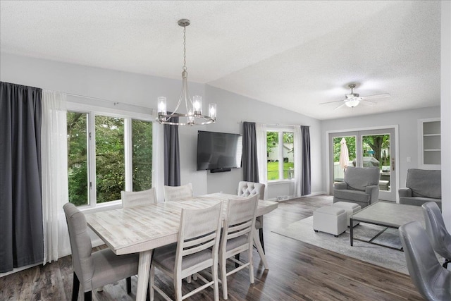 615 N Peach Ave, Marshfield, WI 54449 - dining room featuring a chandelier, a textured ceiling, dark wood-style floors, lofted ceiling, and ceiling fan