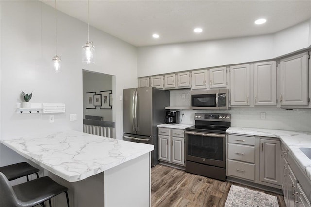 615 N Peach Ave, Marshfield, WI 54449 - kitchen featuring stainless steel appliances, gray cabinetry, a peninsula, high vaulted ceiling, and wood finished floors