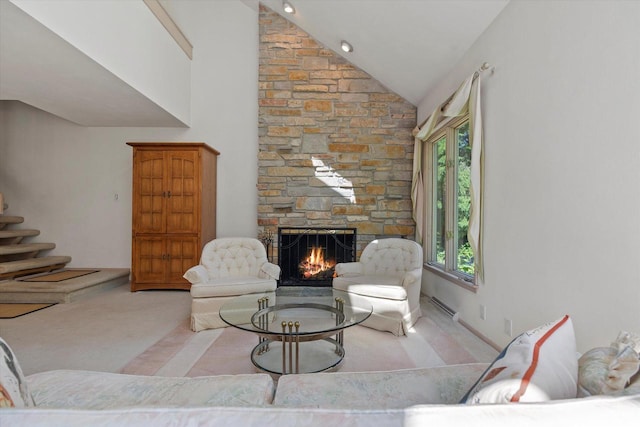 36 Stonewood Ct Unit 36, Wind Point, WI 53402 - living area with a fireplace, carpet floors, and lofted ceiling