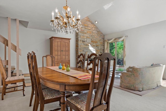 36 Stonewood Ct Unit 36, Wind Point, WI 53402 - dining space with light carpet, a chandelier, stairs, and high vaulted ceiling