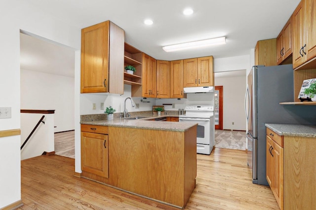 2806 Mckenna Blvd, Madison, WI 53719 - kitchen featuring white electric range oven, under cabinet range hood, light wood-type flooring, open shelves, and a peninsula
