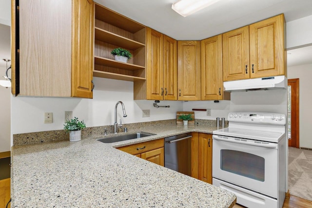 2806 Mckenna Blvd, Madison, WI 53719 - kitchen featuring white electric range oven, under cabinet range hood, dishwasher, open shelves, and light stone countertops