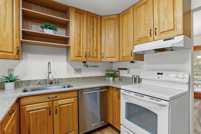 2806 Mckenna Blvd, Madison, WI 53719 - kitchen with white range with electric stovetop, under cabinet range hood, dishwasher, open shelves, and light stone counters