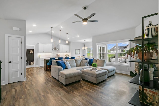 1152 Prairie View Dr, Waunakee, WI 53597 - living room with lofted ceiling, dark wood-style flooring, ceiling fan, and recessed lighting