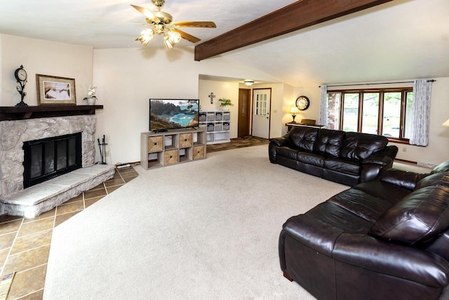 1882 Davis Ln, Waukesha, WI 53189 - living area with a stone fireplace, ceiling fan, and tile patterned floors