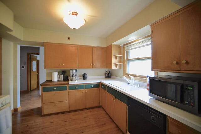 6818 W Morgan Ave, Milwaukee, WI 53220 - kitchen featuring stainless steel microwave, black dishwasher, light countertops, light wood-style floors, and open shelves