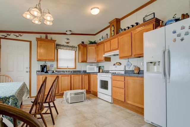 N3688 M-35, Menominee, MI 49858 - kitchen with white appliances, under cabinet range hood, a chandelier, dark countertops, and ornamental molding