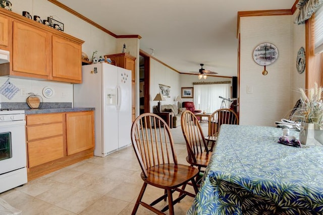 N3688 M-35, Menominee, MI 49858 - kitchen featuring white appliances, ornamental molding, a ceiling fan, light tile patterned floors, and dark countertops