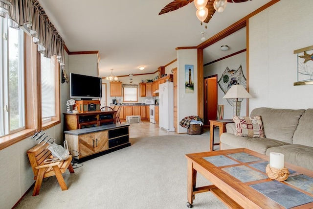 N3688 M-35, Menominee, MI 49858 - living area featuring ornamental molding, a ceiling fan, and light carpet