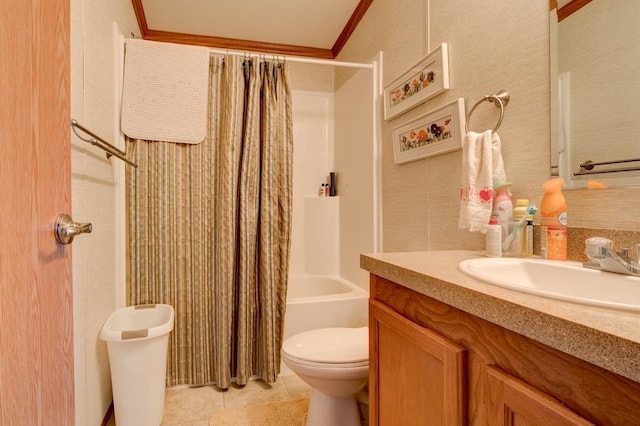 N3688 M-35, Menominee, MI 49858 - bathroom with ornamental molding, shower / bath combination with curtain, vanity, and tile patterned floors