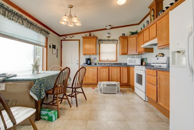 N3688 M-35, Menominee, MI 49858 - kitchen featuring white appliances, under cabinet range hood, ornamental molding, a chandelier, and dark countertops