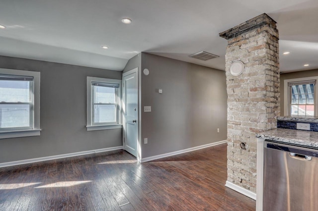 1626 N Warren Ave, Milwaukee, WI 53202 - kitchen featuring stainless steel dishwasher, dark wood-type flooring, plenty of natural light, light stone countertops, and recessed lighting