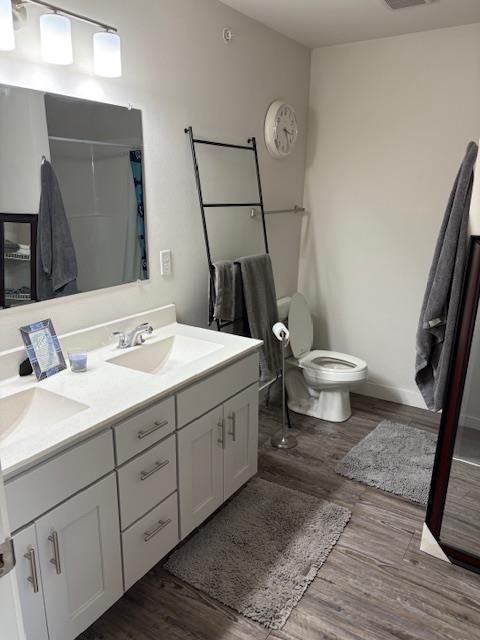 1965 N Windsor Ave, Cottage Grove, WI 53527 - bathroom featuring wood finished floors, double vanity, and curtained shower