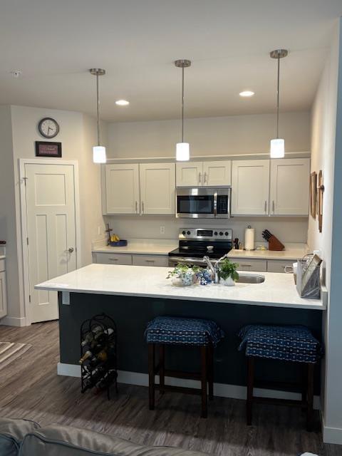 1965 N Windsor Ave, Cottage Grove, WI 53527 - kitchen featuring stainless steel appliances, a kitchen bar, dark wood-style flooring, light countertops, and decorative light fixtures