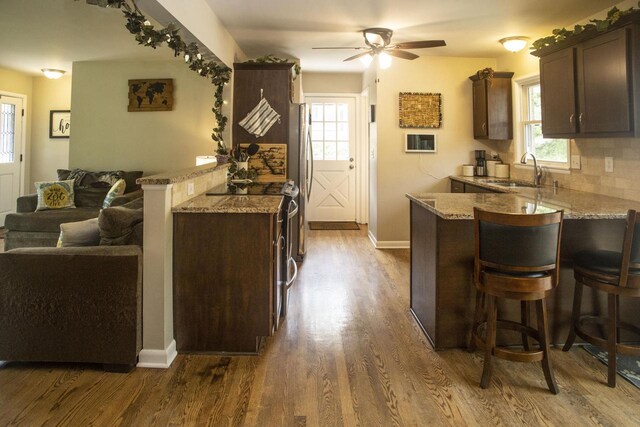 2563 S 91st St, West Allis, WI 53227 - kitchen featuring a peninsula, dark brown cabinets, dark wood-style floors, and ceiling fan