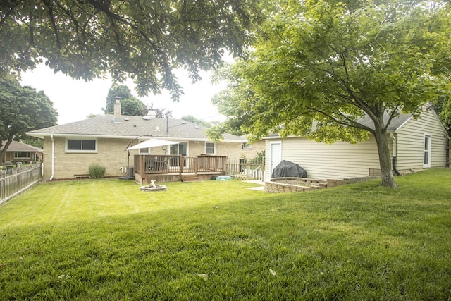 2563 S 91st St, West Allis, WI 53227 - back of house featuring a fire pit, a wooden deck, a fenced backyard, a chimney, and brick siding