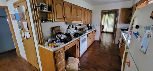 921 S 10th St, Wisconsin Rapids, WI 54494 - kitchen with white appliances, ventilation hood, light countertops, dark wood finished floors, and brown cabinets