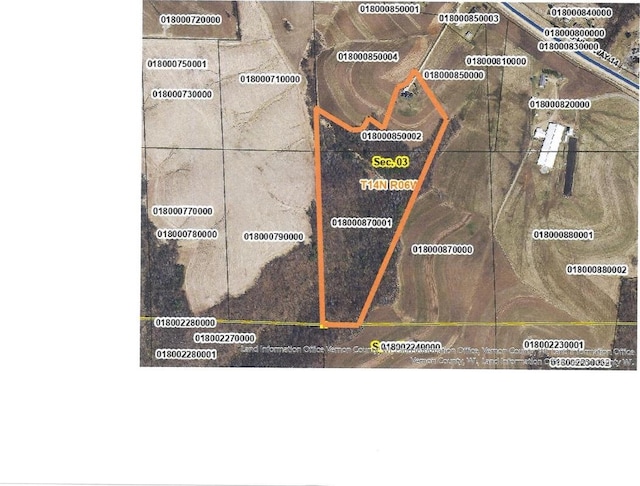 E3577 US Highway 14, Coon Valley, WI 54623 - aerial view of property's location featuring property parcel outlined