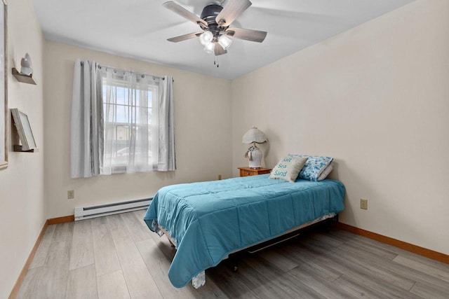 2360 Wisconsin St, Oshkosh, WI 54901 - bedroom with a baseboard heating unit, wood finished floors, and ceiling fan