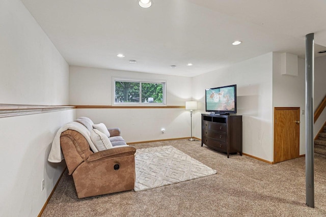 5538 Galway Dr, Waunakee, WI 53597 - living room featuring carpet, stairway, and recessed lighting