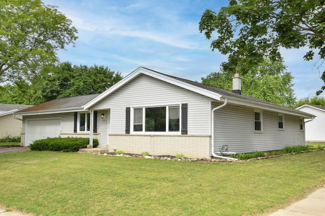 1232 Lambeth Rd, Waukesha, WI 53189 - ranch-style house with an attached garage, brick siding, a front yard, and a chimney