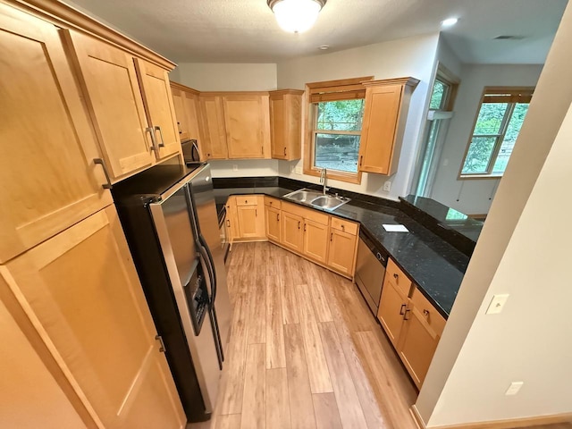 N82W13370 Fond Du Lac Ave Unit 101, Menomonee Falls, WI 53051 - kitchen with light brown cabinetry, healthy amount of natural light, light wood-style flooring, and stainless steel dishwasher