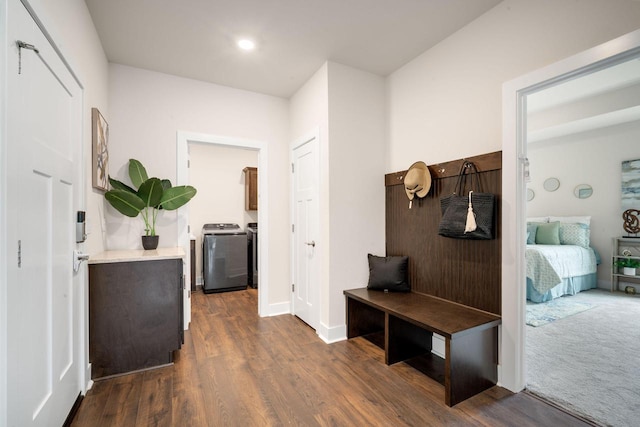 520 Meadow View Dr, Slinger, WI 53086 - mudroom featuring separate washer and dryer and dark wood-style floors