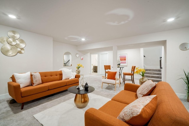 520 Meadow View Dr, Slinger, WI 53086 - living area with carpet flooring, stairs, and recessed lighting