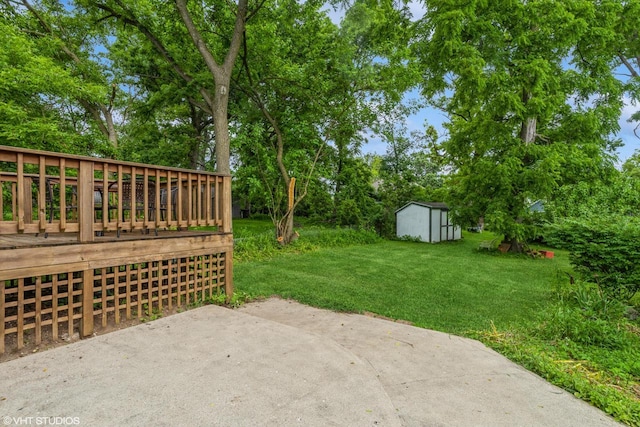 W3632 Oakrest Ave, Lake Geneva, WI 53147 - view of patio / terrace with a shed, view of scattered trees, and a wooden deck