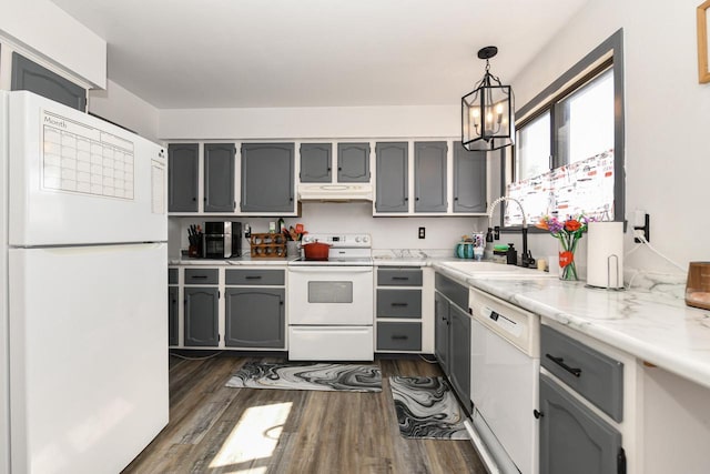 5640 Cambridge Ln Unit 5, Mount Pleasant, WI 53406 - kitchen with white appliances, gray cabinets, under cabinet range hood, and dark wood-style floors