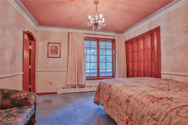 N9988 Mohawksin, Tomahawk, WI 54487 - carpeted bedroom featuring a baseboard heating unit, crown molding, a chandelier, and a textured ceiling
