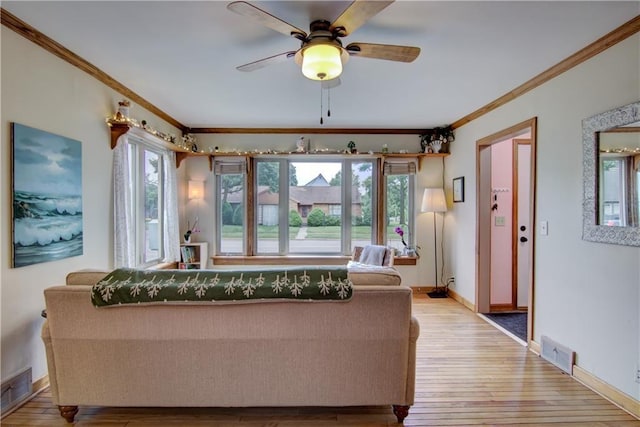 1418 Keith St, Eau Claire, WI 54701 - living room with crown molding, plenty of natural light, a ceiling fan, and light wood-style flooring