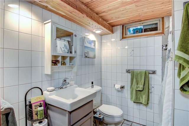 1418 Keith St, Eau Claire, WI 54701 - bathroom featuring tile walls, wood ceiling, vanity, and a shower with shower curtain