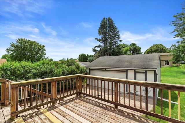 1716 Michael Dr, Waukesha, WI 53189 - wooden deck with a yard, a detached garage, and an outdoor structure