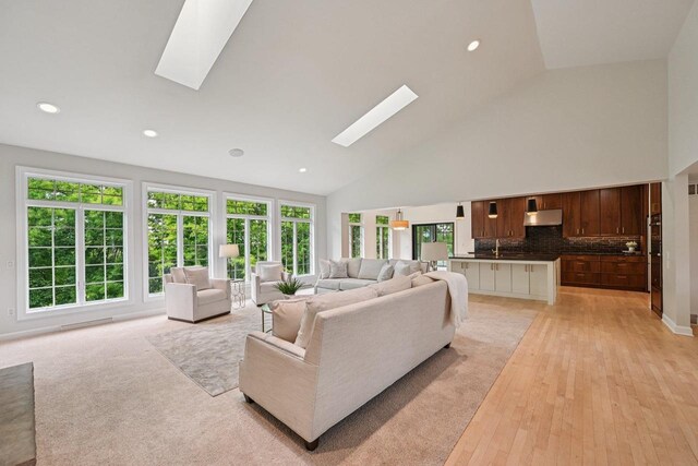 1706 Ashlawn Ln, Waunakee, WI 53597 - living room with a skylight, high vaulted ceiling, healthy amount of natural light, recessed lighting, and light wood-type flooring