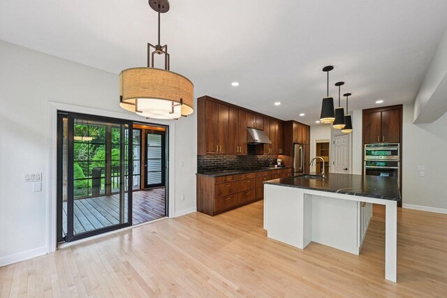 1706 Ashlawn Ln, Waunakee, WI 53597 - kitchen featuring appliances with stainless steel finishes, decorative backsplash, light wood finished floors, recessed lighting, and under cabinet range hood