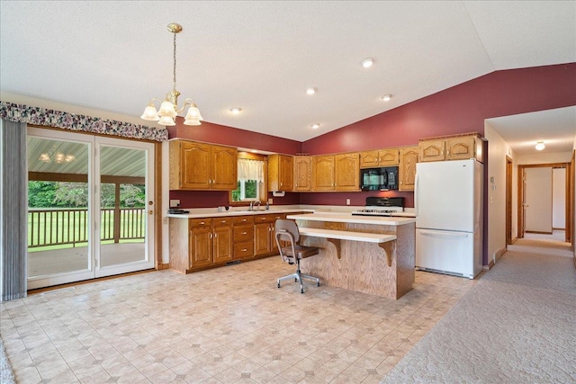 7269 County Road V, Marshfield, WI 54449 - kitchen featuring freestanding refrigerator, stove, black microwave, lofted ceiling, and light countertops