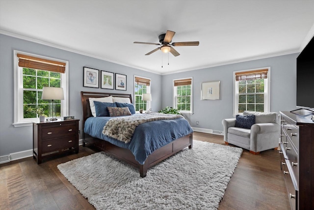 9848 N Lamplighter Ln, Mequon, WI 53092 - bedroom featuring crown molding, multiple windows, dark wood finished floors, and ceiling fan